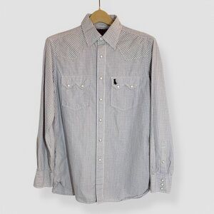 Cremieux Premium Denim Size Medium Pearl Snap Long Sleeve Blue Plaid Logo Rodeo